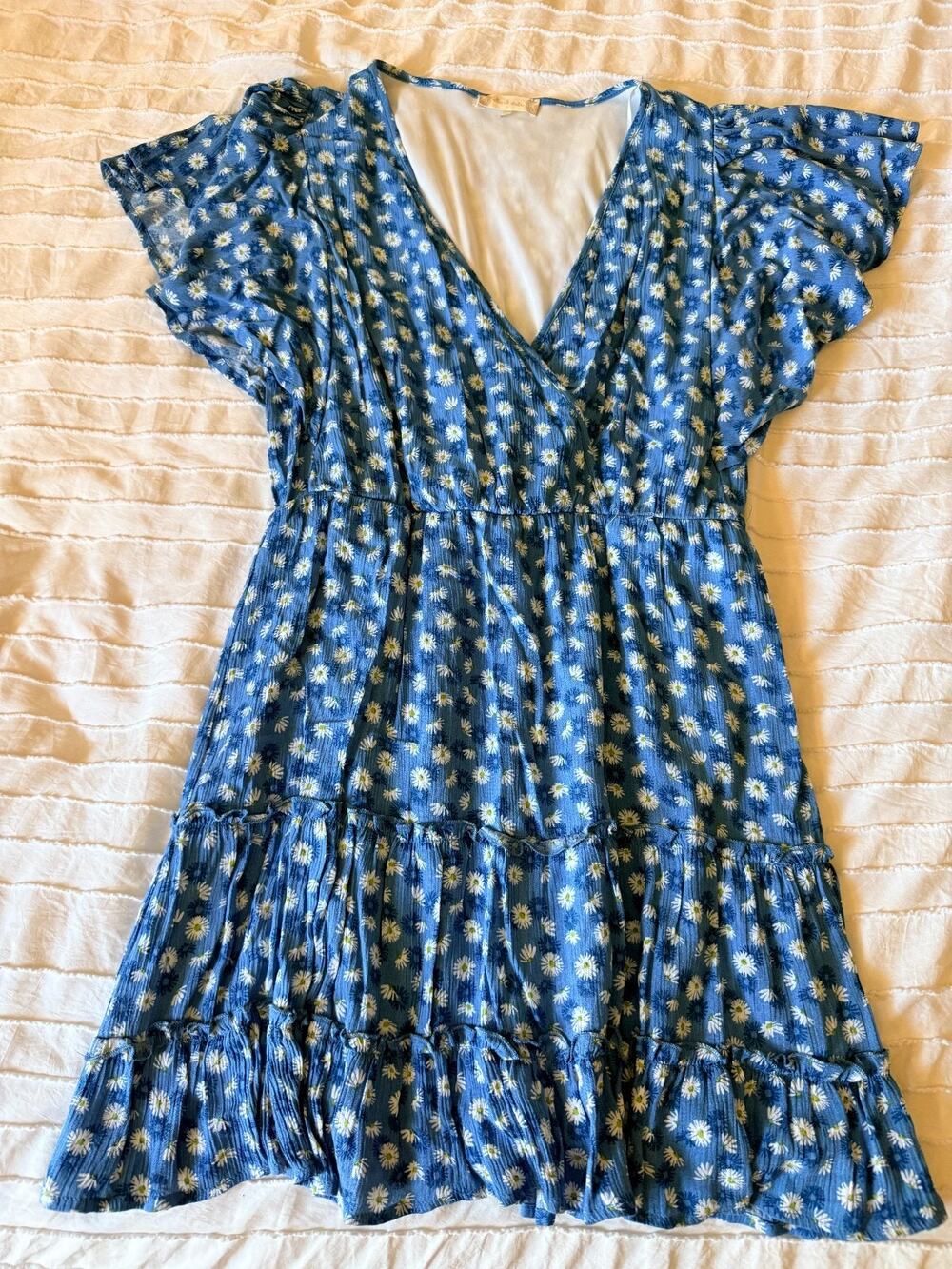 Altar'd State Womens L Blue Daisy Floral Tiered Mini Dress Flutter Sleeve Boho